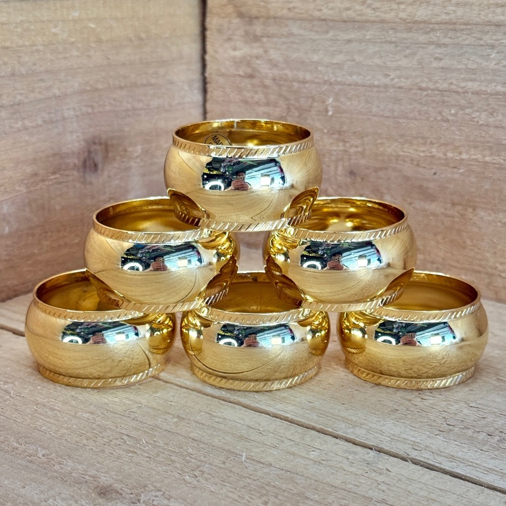 6 Round Brass Napkin Rings Ribbed Mid Century Gold